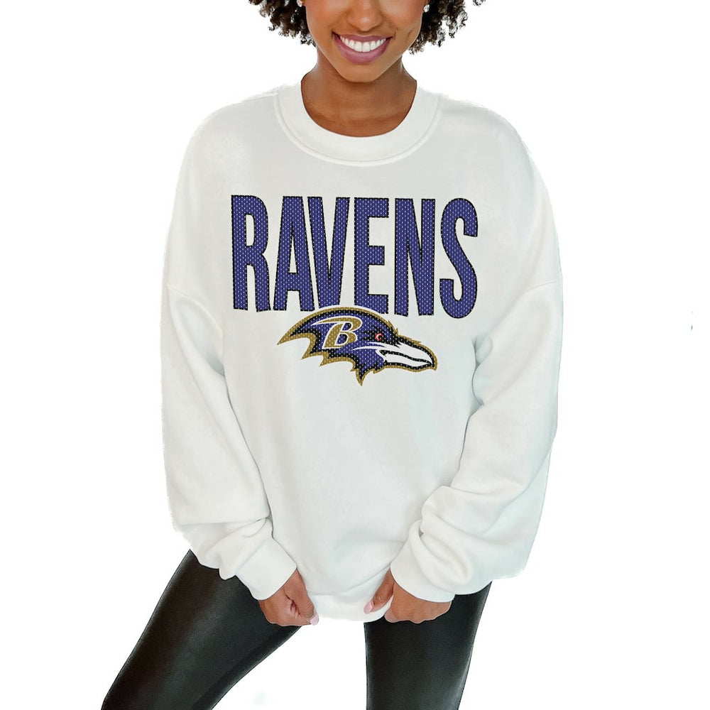 Baltimore Ravens Gameday Couture Women's Just Go With It Oversized Long Sleeve Crewneck Sweatshirt - White