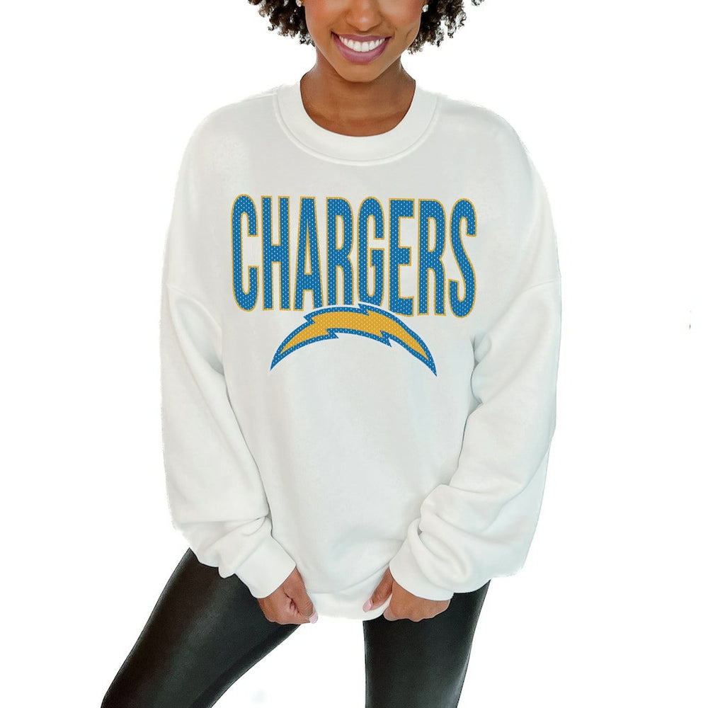 Los Angeles Chargers Gameday Couture Women's Just Go With It Oversized Long Sleeve Crewneck Sweatshirt - White