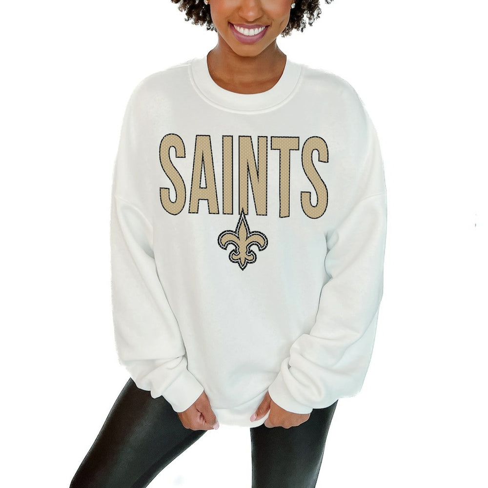 New Orleans Saints Gameday Couture Women's Just Go With It Oversized Long Sleeve Crewneck Sweatshirt - White
