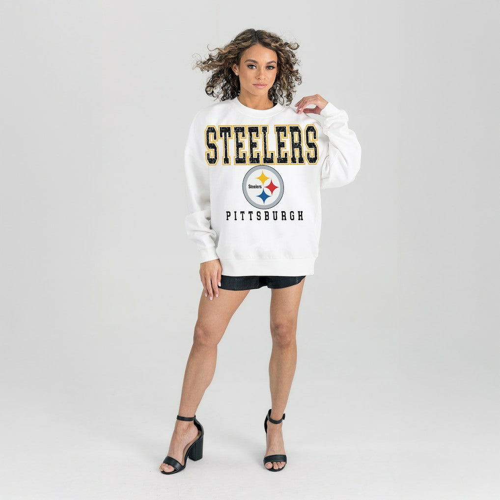 Pittsburgh Steelers Gameday Couture Women's Sunday Drives Oversized Crewneck Pullover Sweatshirt - White
