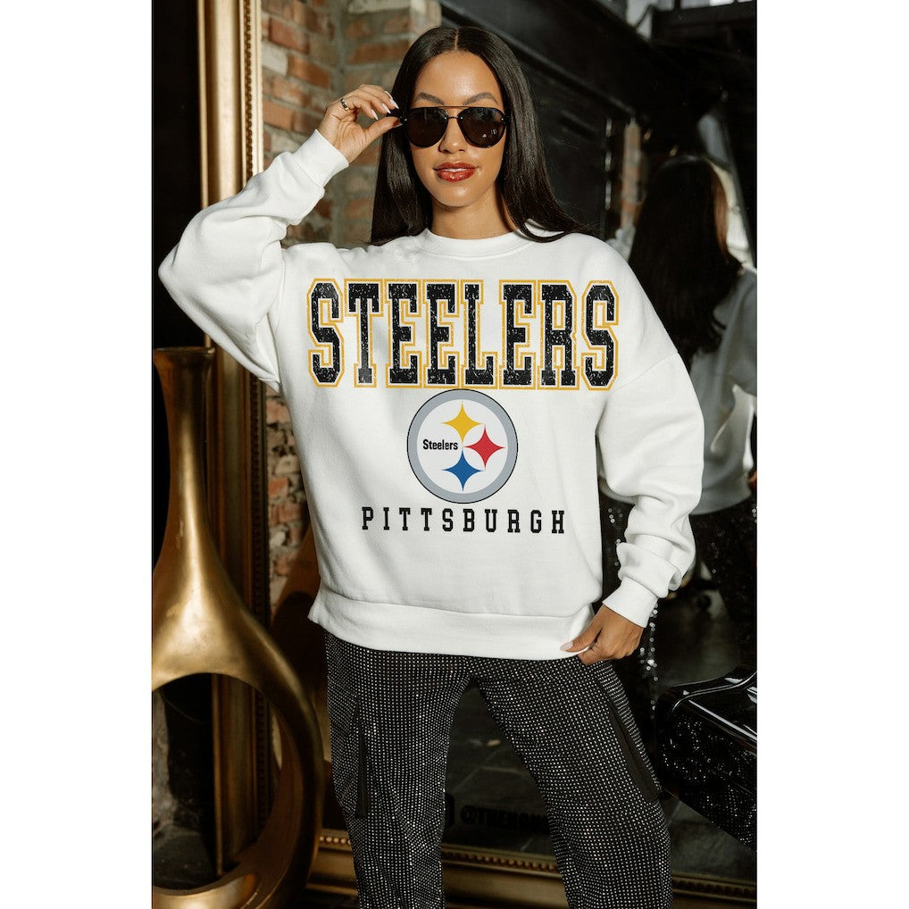 Pittsburgh Steelers Gameday Couture Women's Sunday Drives Oversized Crewneck Pullover Sweatshirt - White