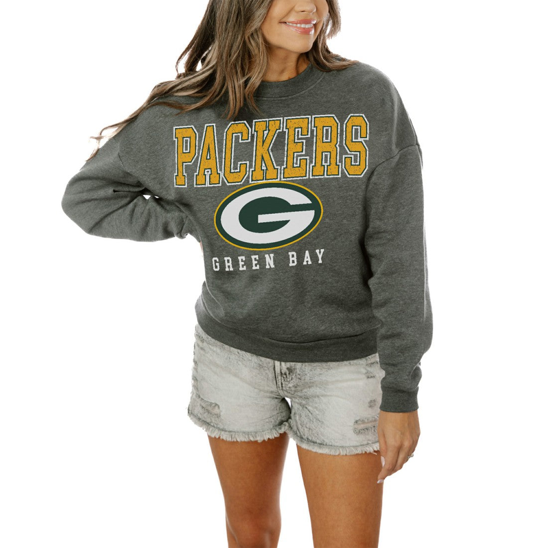 Green Bay Packers Gameday Couture Women's Oversized Bring The Energy Pullover Sweatshirt - Charcoal