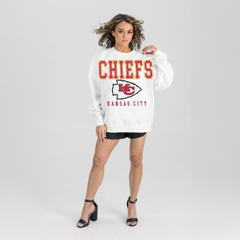 Kansas City Chiefs Gameday Couture Women's Sunday Drives Oversized Crewneck Pullover Sweatshirt - White