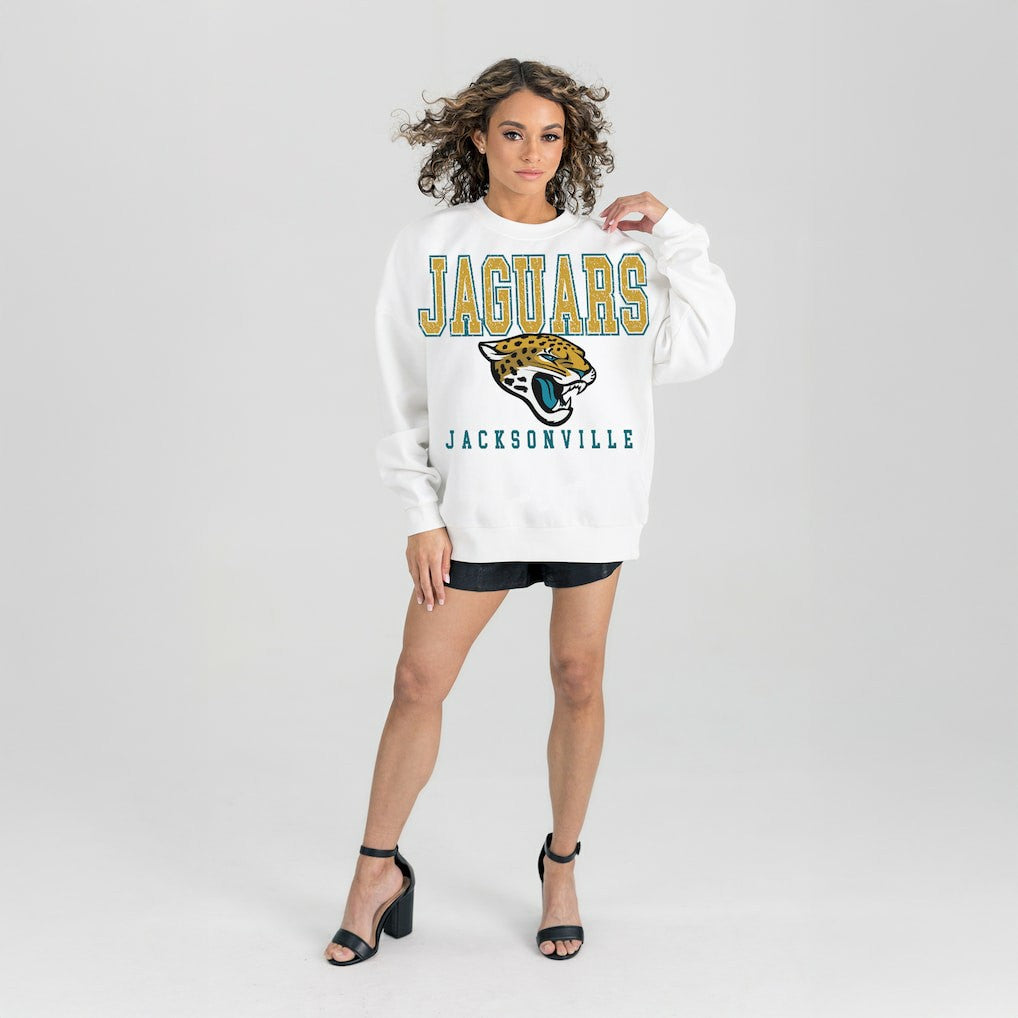 Jacksonville Jaguars Gameday Couture Women's Sunday Drives Oversized Crewneck Pullover Sweatshirt - White