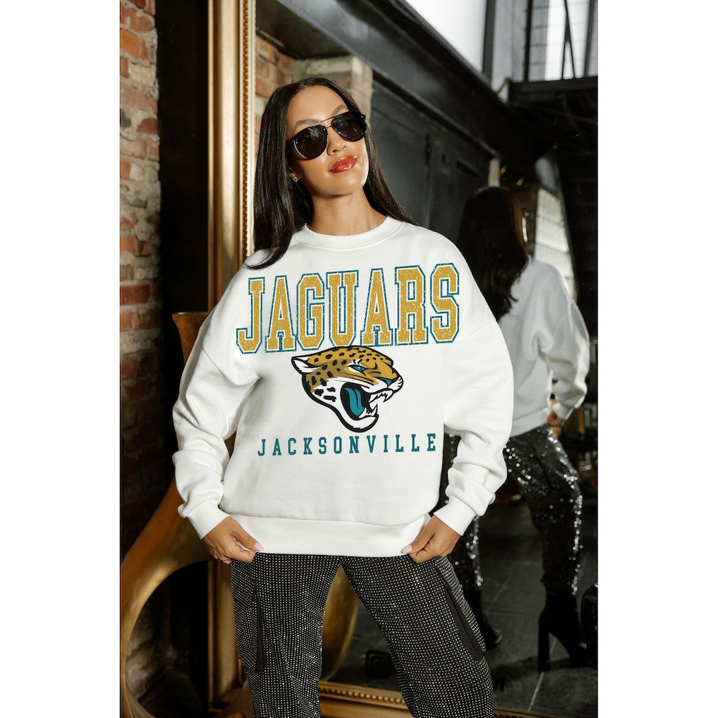Jacksonville Jaguars Gameday Couture Women's Sunday Drives Oversized Crewneck Pullover Sweatshirt - White