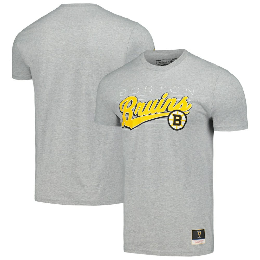 Boston Bruins Mitchell & Ness 100th Anniversary Script Sweep T-Shirt - Heather Gray | US 200761509
