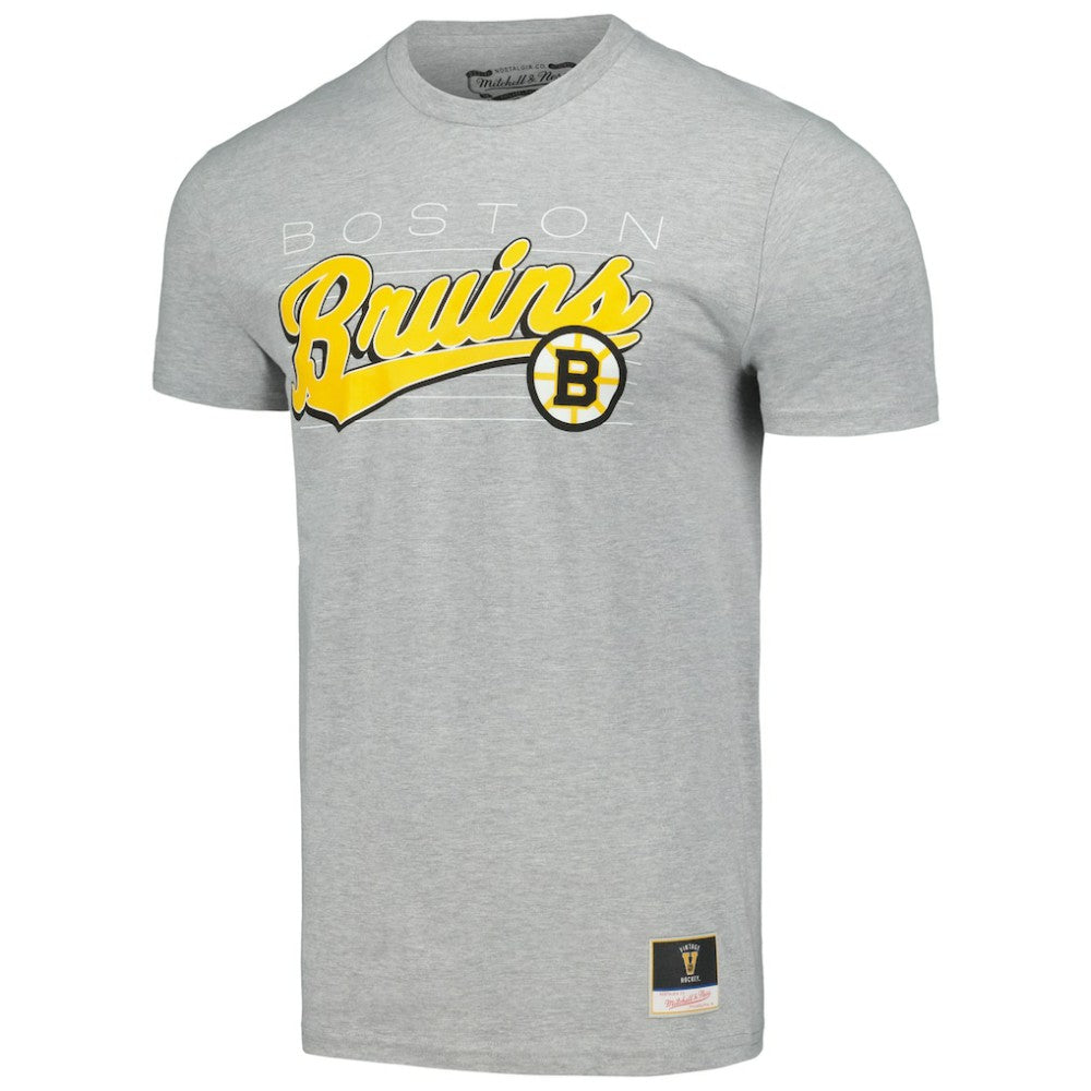 Boston Bruins Mitchell & Ness 100th Anniversary Script Sweep T-Shirt - Heather Gray | US 200761509
