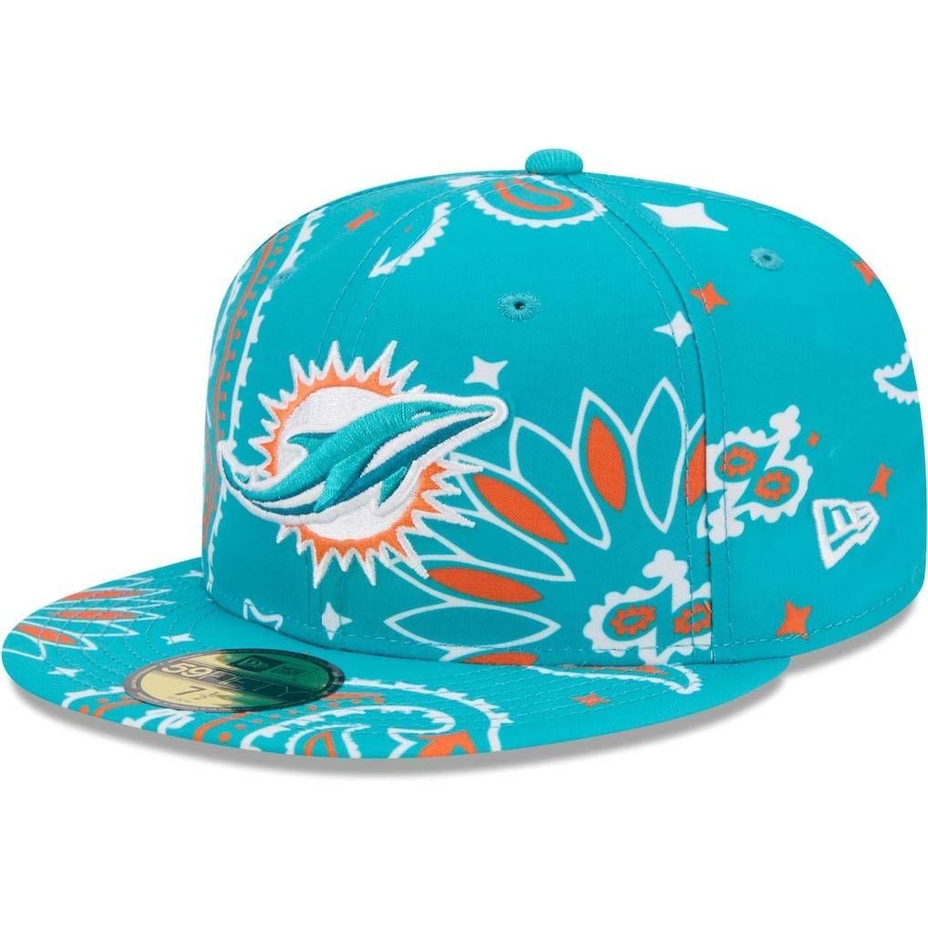 Miami Dolphins New Era Paisley 59FIFTY Fitted Hat - Aqua Hats