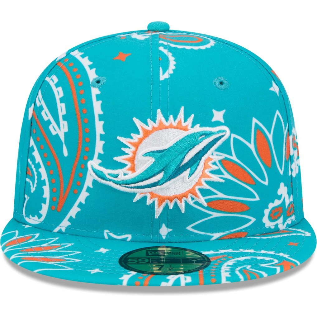 Miami Dolphins New Era Paisley 59FIFTY Fitted Hat - Aqua Hats