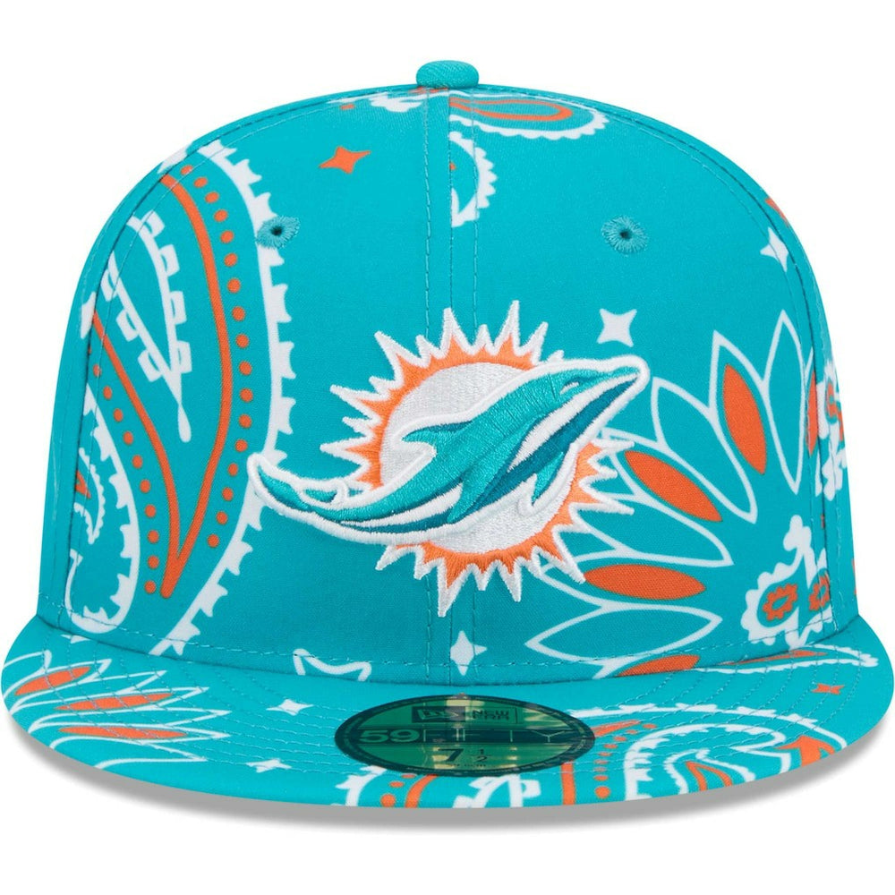 Miami Dolphins New Era Paisley 59FIFTY Fitted Hat - Aqua Hats