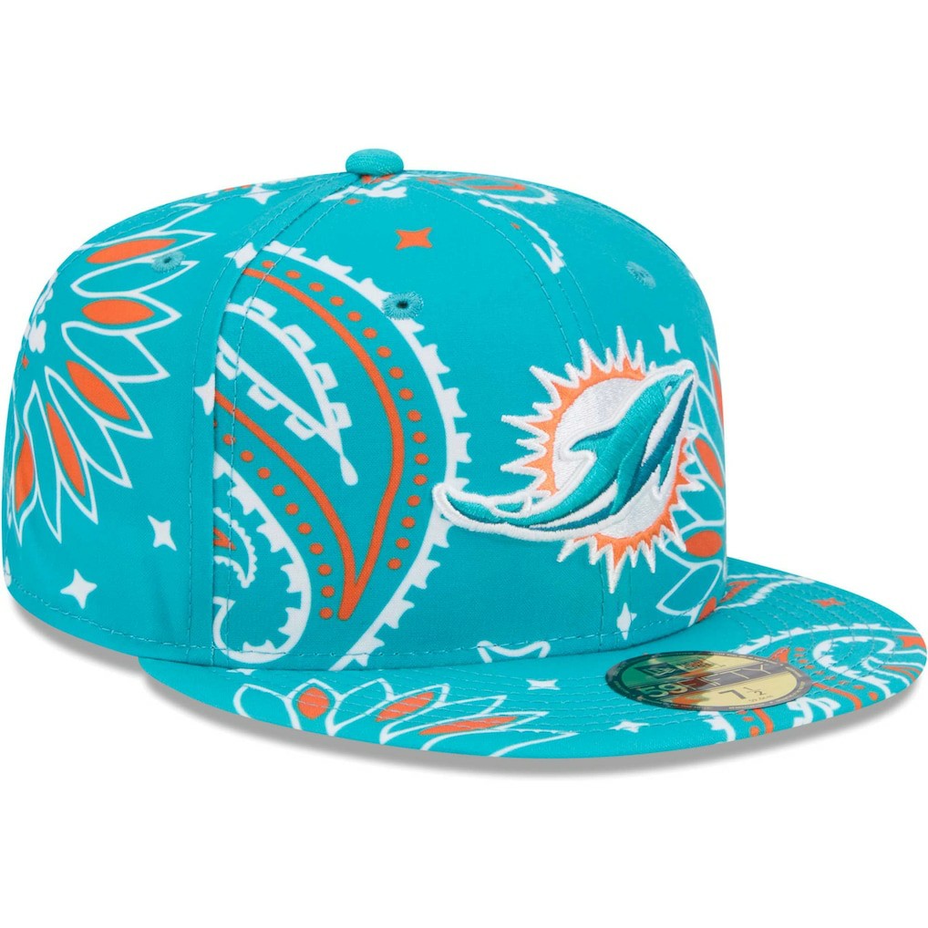 Miami Dolphins New Era Paisley 59FIFTY Fitted Hat - Aqua Hats
