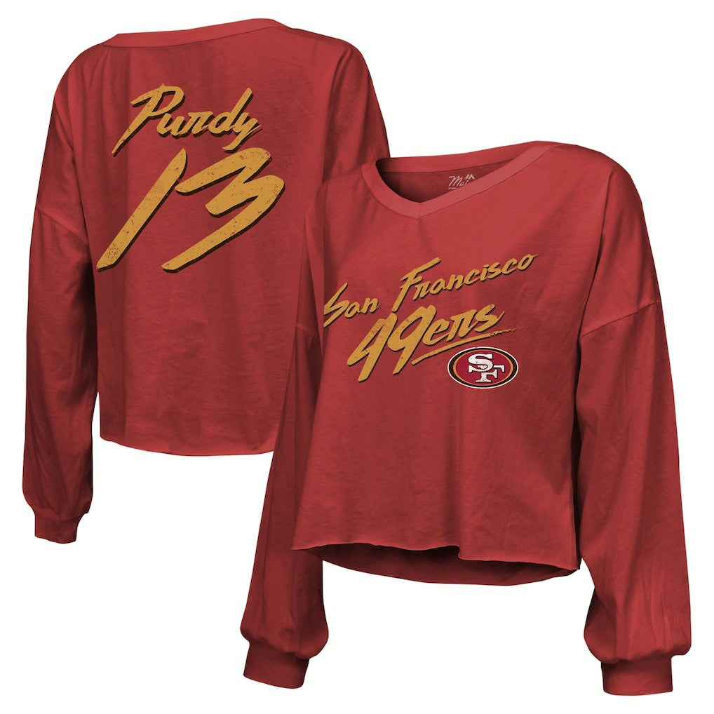 Brock Purdy San Francisco 49ers Majestic Threads Women's Name & Number Off-Shoulder Script Cropped Long Sleeve Relaxed V-Neck T-Shirt - Scarlet T-shirts