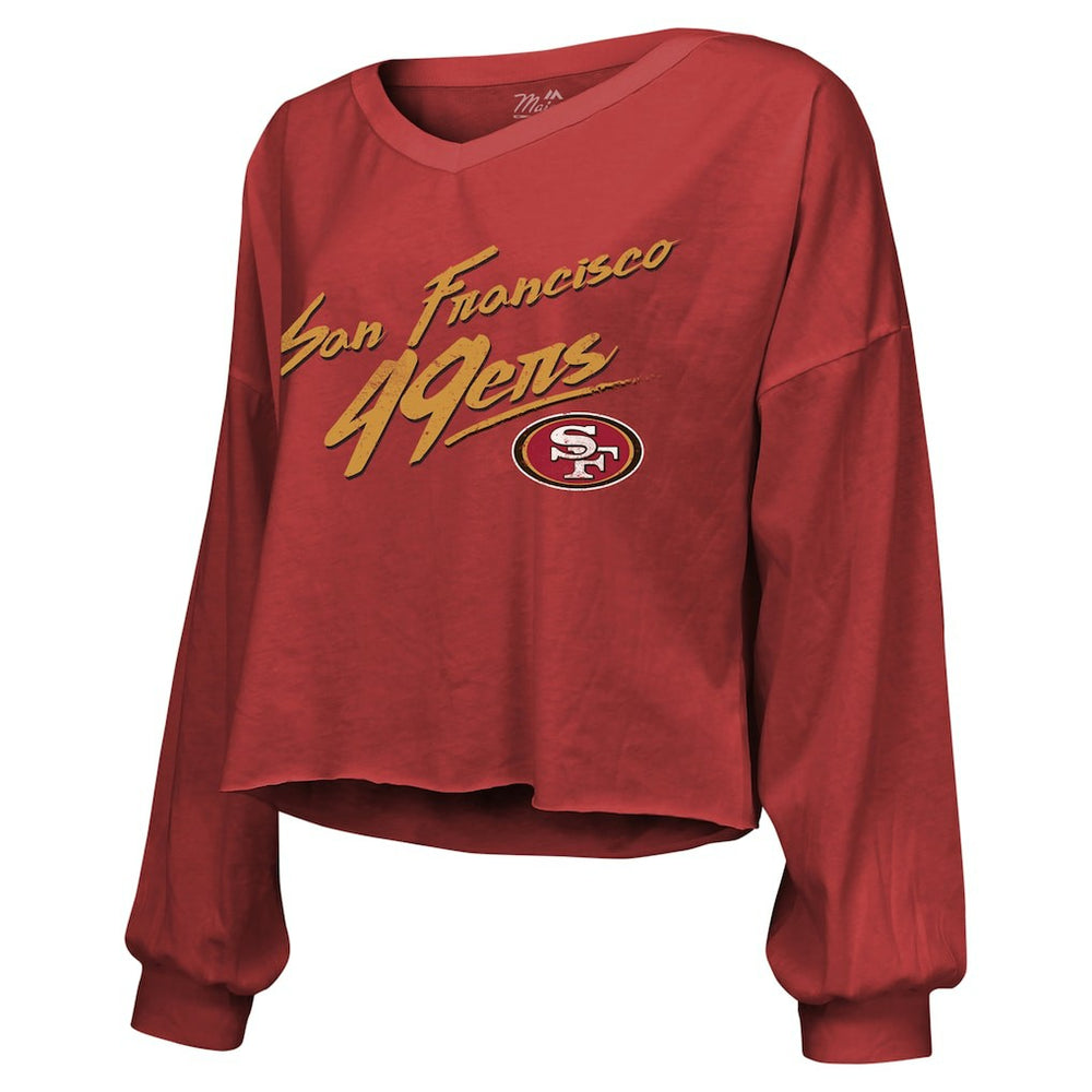 Brock Purdy San Francisco 49ers Majestic Threads Women's Name & Number Off-Shoulder Script Cropped Long Sleeve Relaxed V-Neck T-Shirt - Scarlet T-shirts