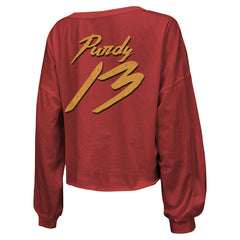Brock Purdy San Francisco 49ers Majestic Threads Women's Name & Number Off-Shoulder Script Cropped Long Sleeve Relaxed V-Neck T-Shirt - Scarlet T-shirts