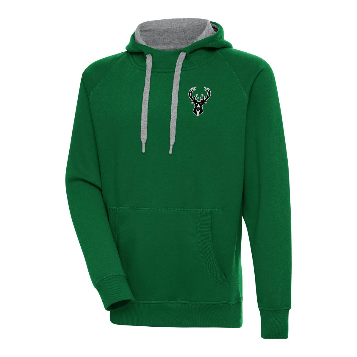 Milwaukee Bucks Antigua Metallic Logo Victory Raglan Pullover Hoodie Hunter Green