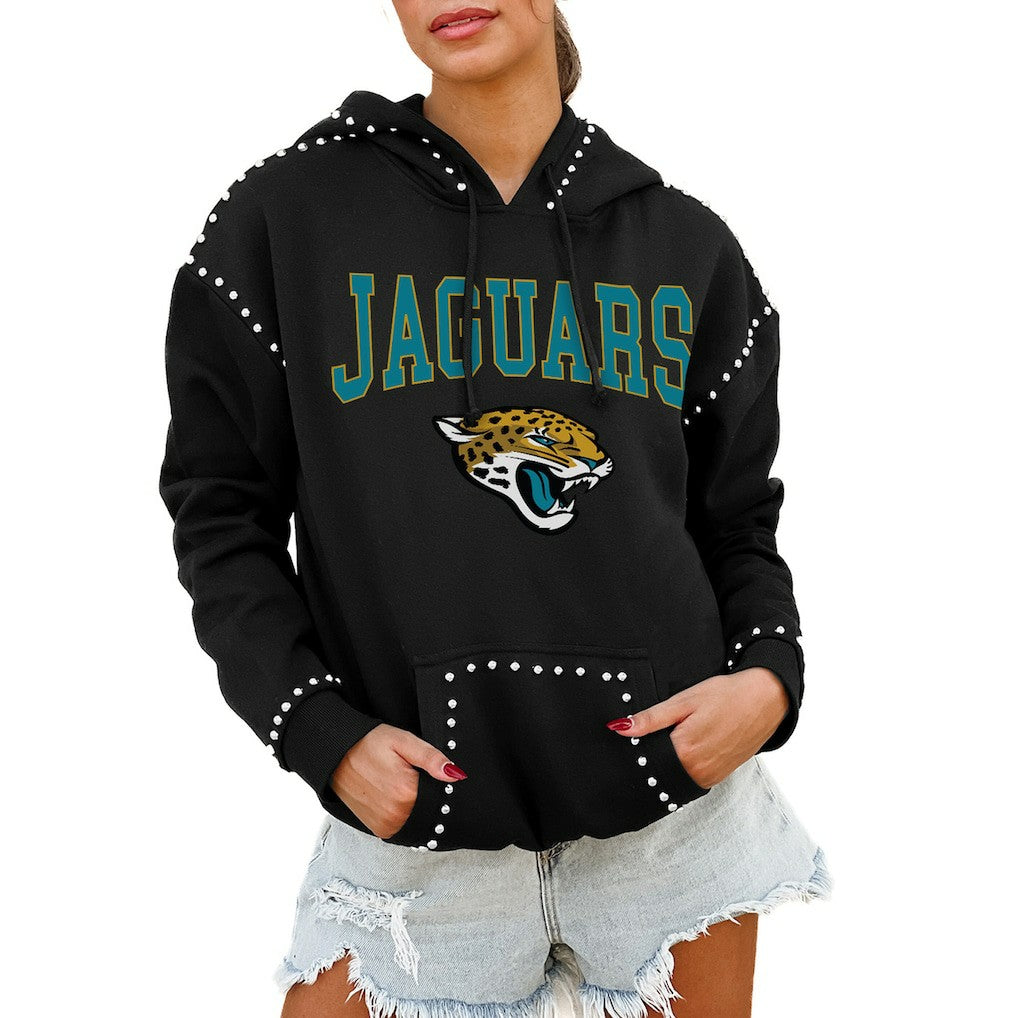Jacksonville Jaguars Gameday Couture Women's Oversized Catch the Vibe Studded Pullover Hoodie - Black Hoodies