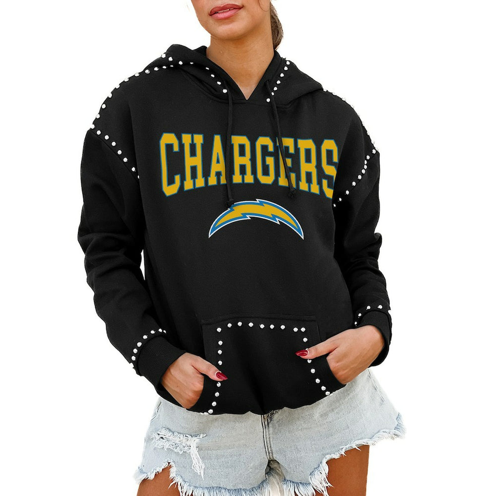 Los Angeles Chargers Gameday Couture Women's Oversized Catch the Vibe Studded Pullover Hoodie - Black Hoodies