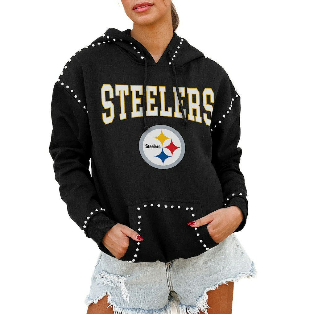 Pittsburgh Steelers Gameday Couture Women's Oversized Catch the Vibe Studded Pullover Hoodie - Black Hoodies