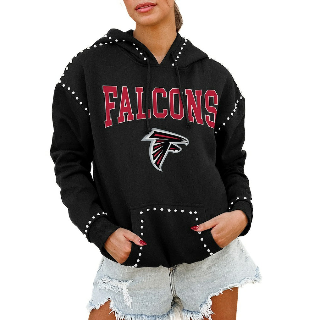 Atlanta Falcons Gameday Couture Women's Oversized Catch the Vibe Studded Pullover Hoodie - Black Hoodies