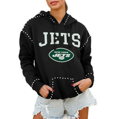 New York Jets Gameday Couture Women's Oversized Catch the Vibe Studded Pullover Hoodie - Black Hoodies