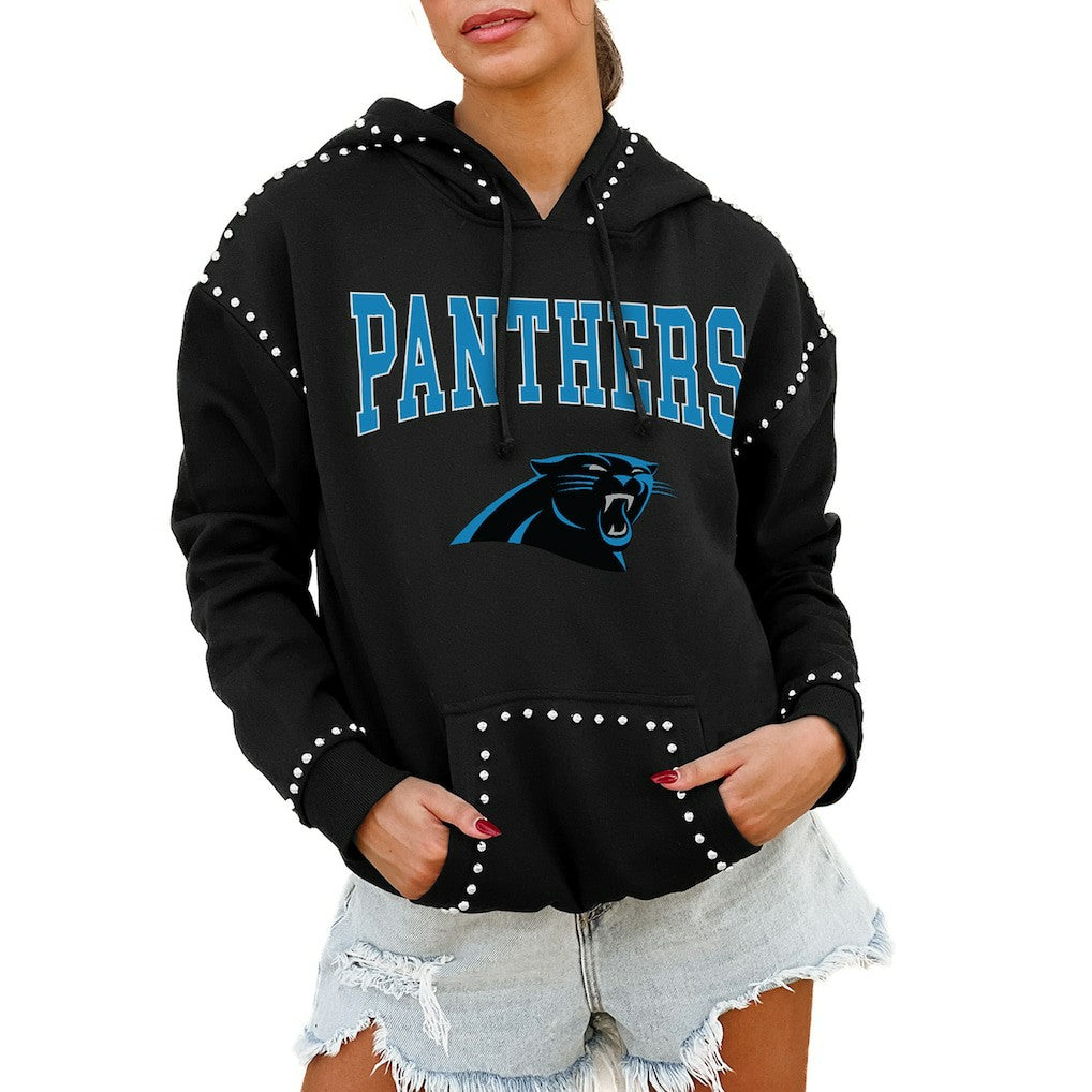 Carolina Panthers Gameday Couture Women's Oversized Catch the Vibe Studded Pullover Hoodie - Black Hoodies