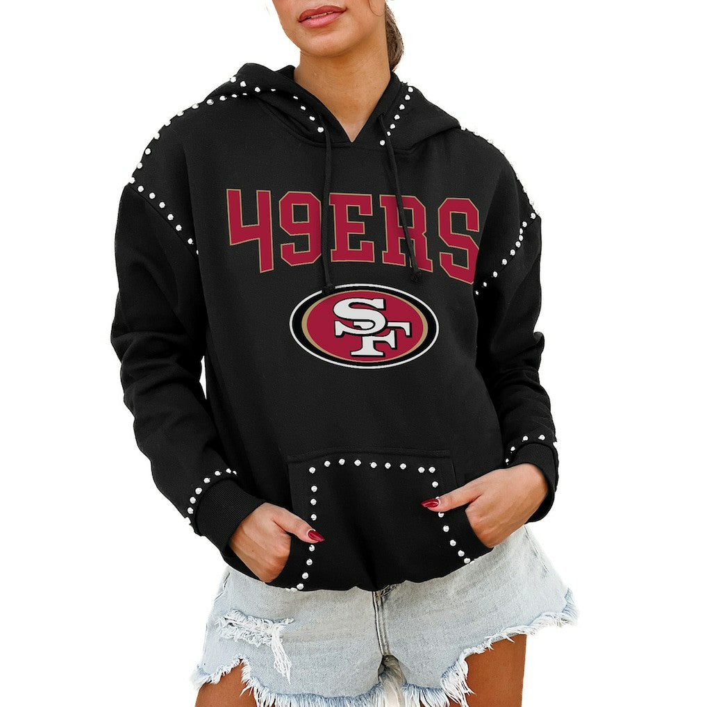 San Francisco 49ers Gameday Couture Women's Oversized Catch the Vibe Studded Pullover Hoodie - Black Hoodies