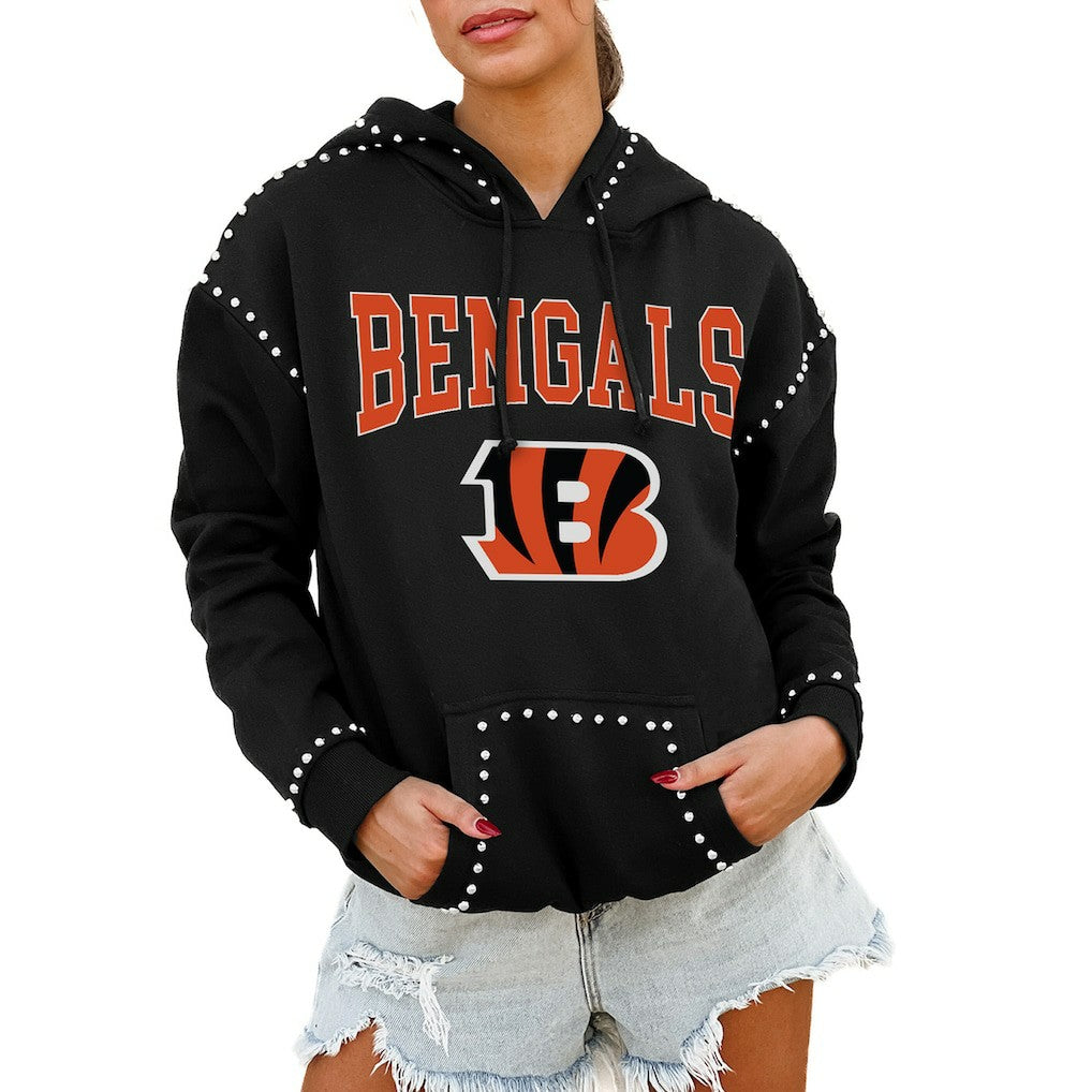 Cincinnati Bengals Gameday Couture Women's Oversized Catch the Vibe Studded Pullover Hoodie - Black Hoodies