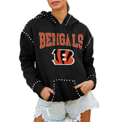 Cincinnati Bengals Gameday Couture Women's Oversized Catch the Vibe Studded Pullover Hoodie - Black Hoodies