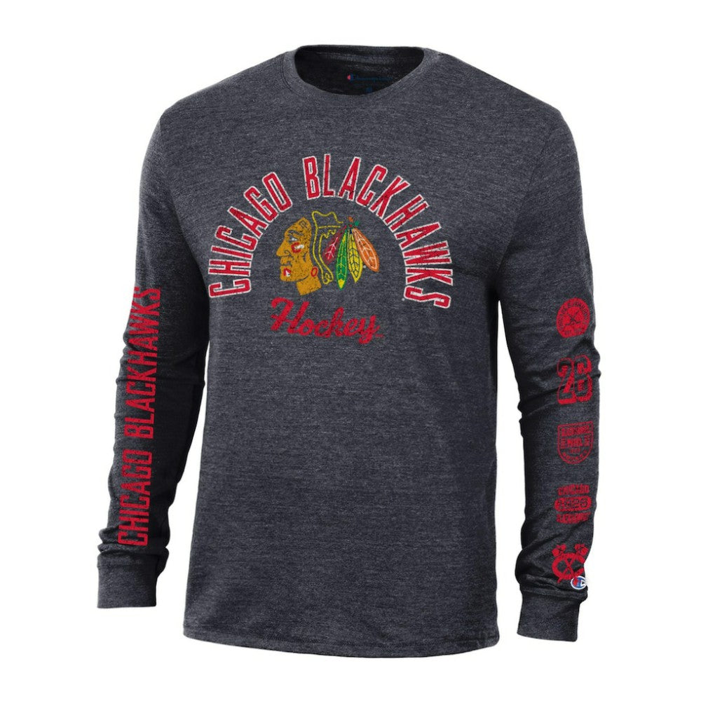 Chicago Blackhawks Champion Multi-Logo Tri-Blend Long Sleeve T-Shirt - Heather Black | US 200838100