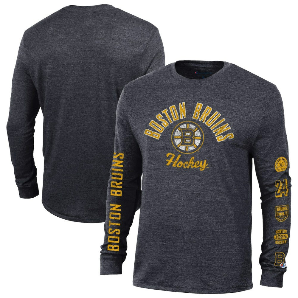 Boston Bruins Champion Multi-Logo Tri-Blend Long Sleeve T-Shirt - Heather Black | US 200838101