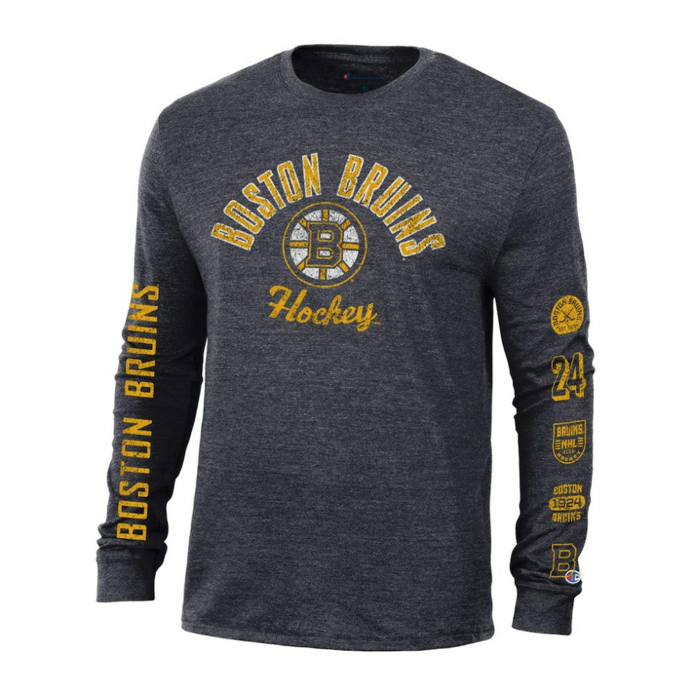 Boston Bruins Champion Multi-Logo Tri-Blend Long Sleeve T-Shirt - Heather Black | US 200838101