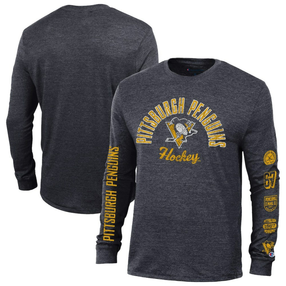 Pittsburgh Penguins Champion Multi-Logo Tri-Blend Long Sleeve T-Shirt - Heather Black | US 200838103
