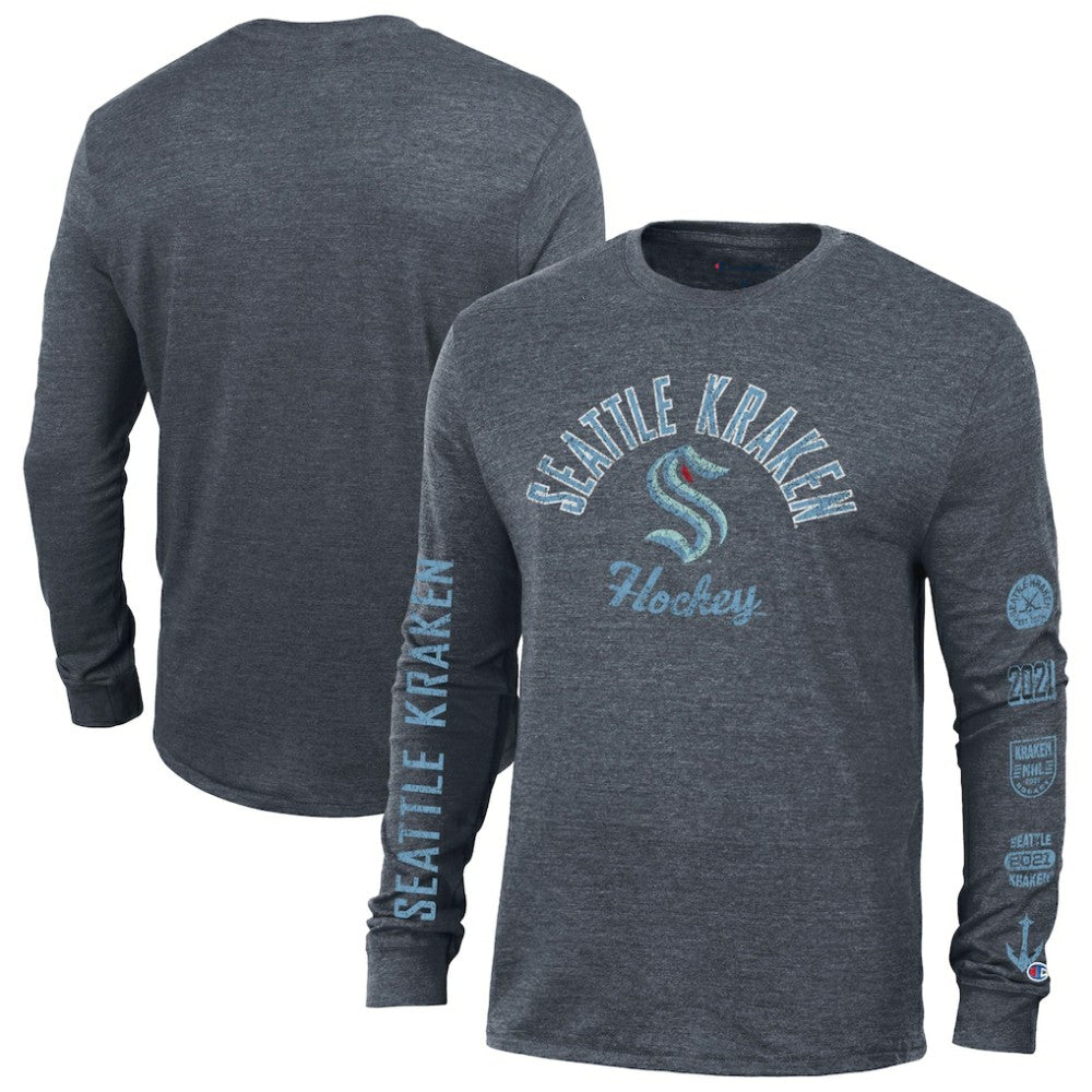 Seattle Kraken Champion Multi-Logo Tri-Blend Long Sleeve T-Shirt - Heather Navy | US 200838109