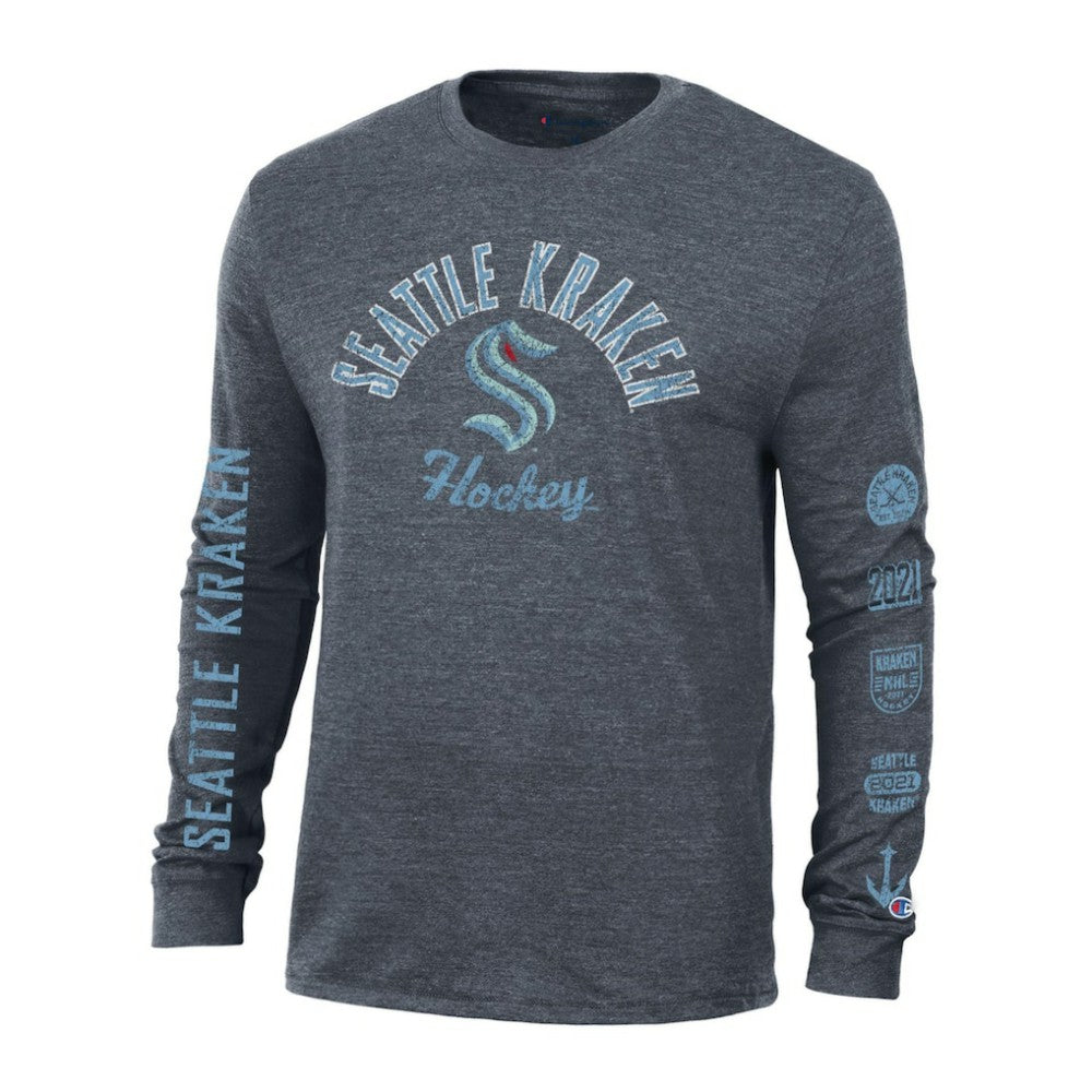Seattle Kraken Champion Multi-Logo Tri-Blend Long Sleeve T-Shirt - Heather Navy | US 200838109