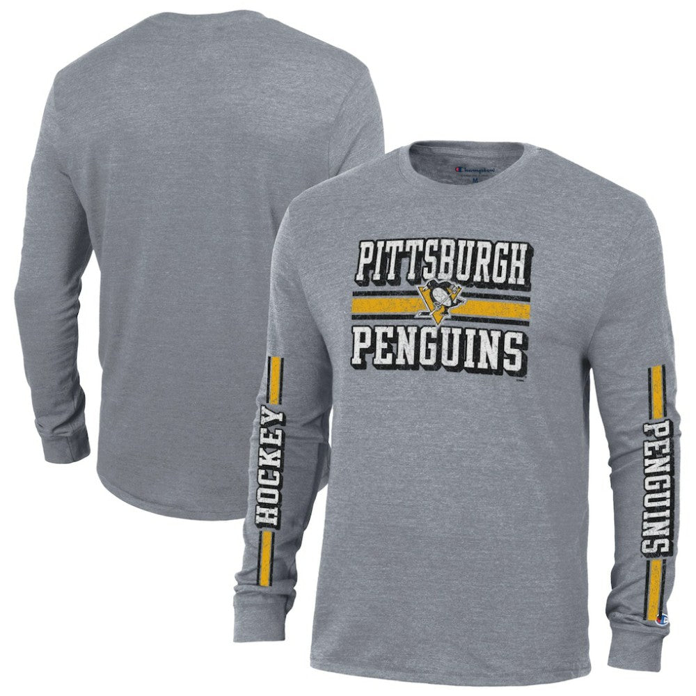 Pittsburgh Penguins Champion Tri-Blend Dual-Stripe Long Sleeve T-Shirt - Heather Gray | US 200838114