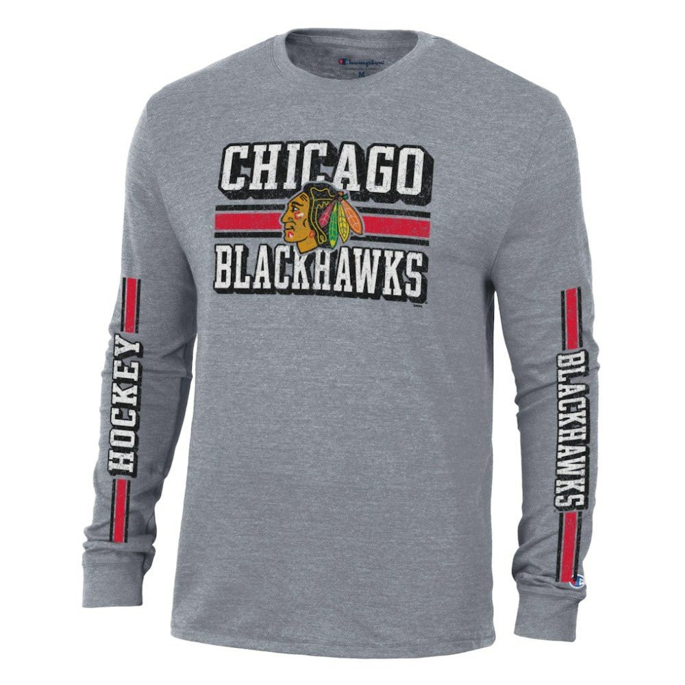 Chicago Blackhawks Champion Tri-Blend Dual-Stripe Long Sleeve T-Shirt - Heather Gray | US 200838119
