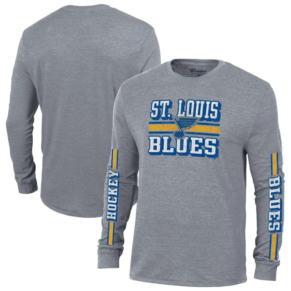 St. Louis Blues Champion Tri-Blend Dual-Stripe Long Sleeve T-Shirt - Heather Gray | US 200838123