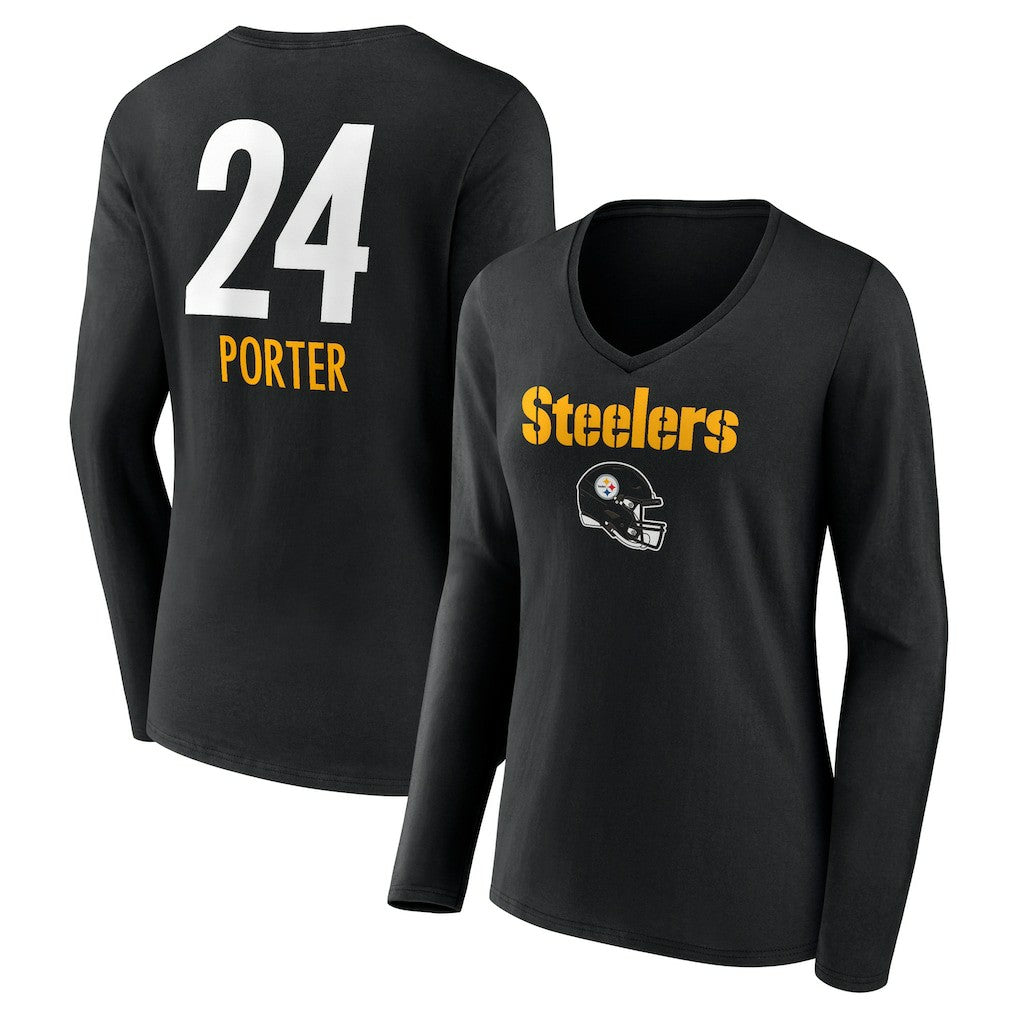Joey Porter Jr. Pittsburgh Steelers Women's Team Wordmark Player Name & Number Long Sleeve V-Neck T-Shirt - Black T-shirts
