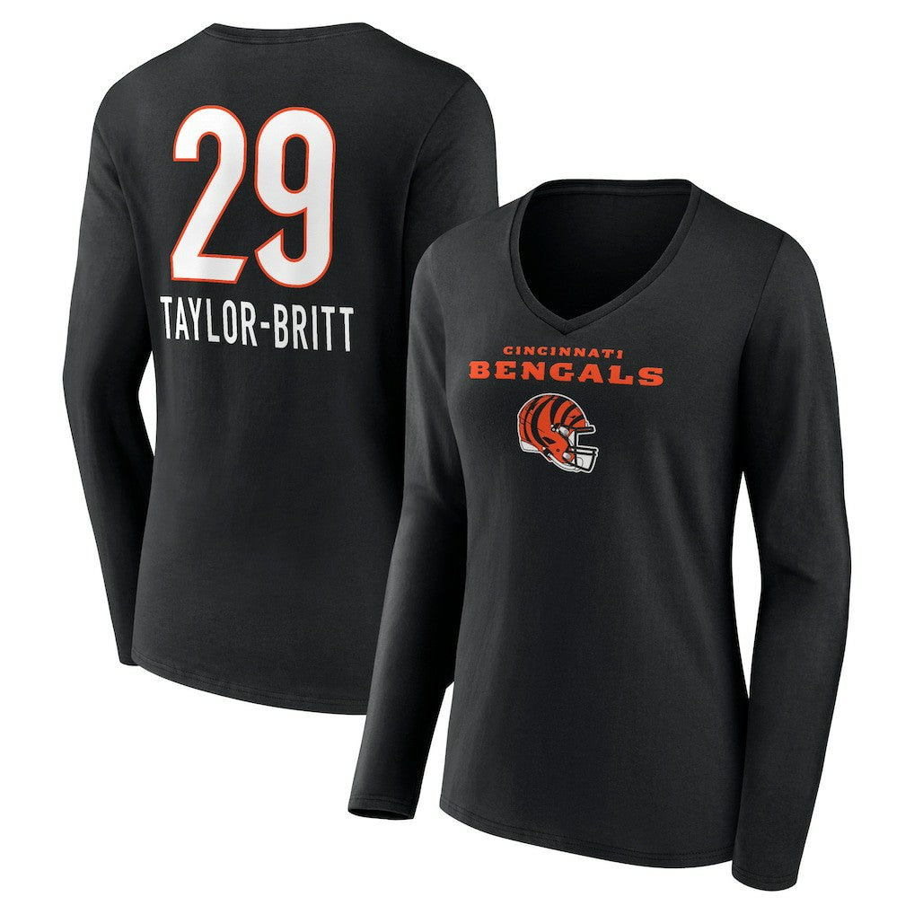 Cam Taylor-Britt Cincinnati Bengals Women's Team Wordmark Player Name & Number Long Sleeve V-Neck T-Shirt - Black T-shirts