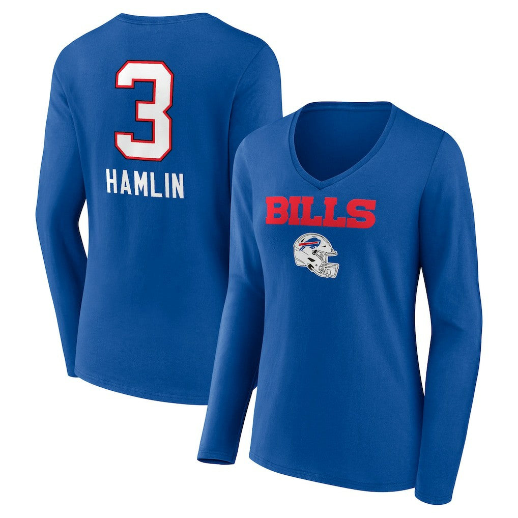 Damar Hamlin Buffalo Bills Women's Team Wordmark Player Name & Number Long Sleeve V-Neck T-Shirt - Royal T-shirts