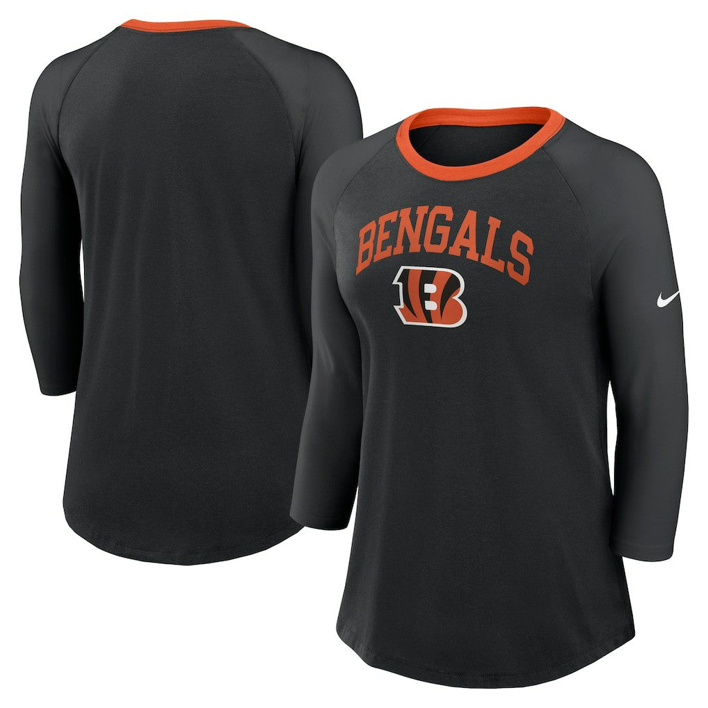 Cincinnati Bengals Women's 3/4 Sleeve Raglan Fashion Top - Black Tops