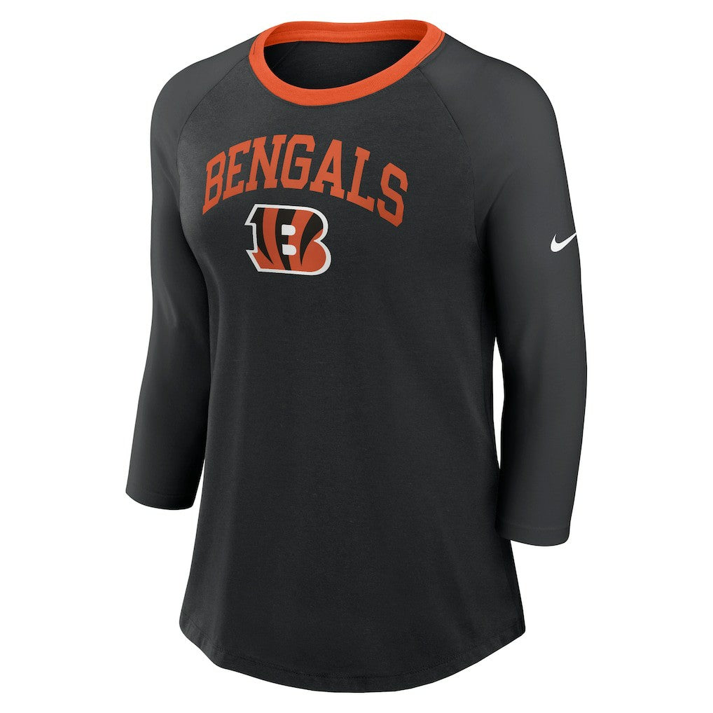 Cincinnati Bengals Women's 3/4 Sleeve Raglan Fashion Top - Black Tops