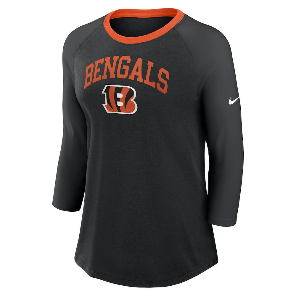Cincinnati Bengals Women's 3/4 Sleeve Raglan Fashion Top - Black Tops