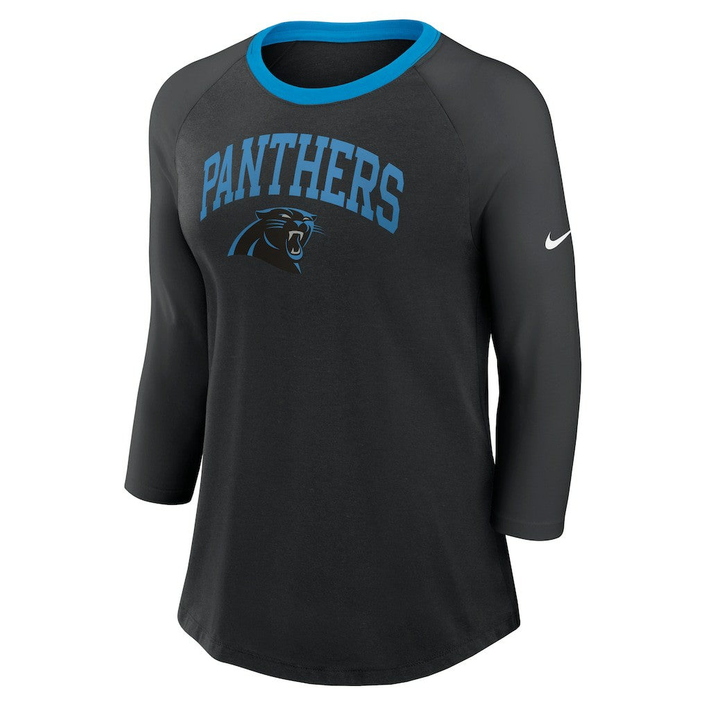 Carolina Panthers Women's 3/4 Sleeve Raglan Fashion Top - Black Tops