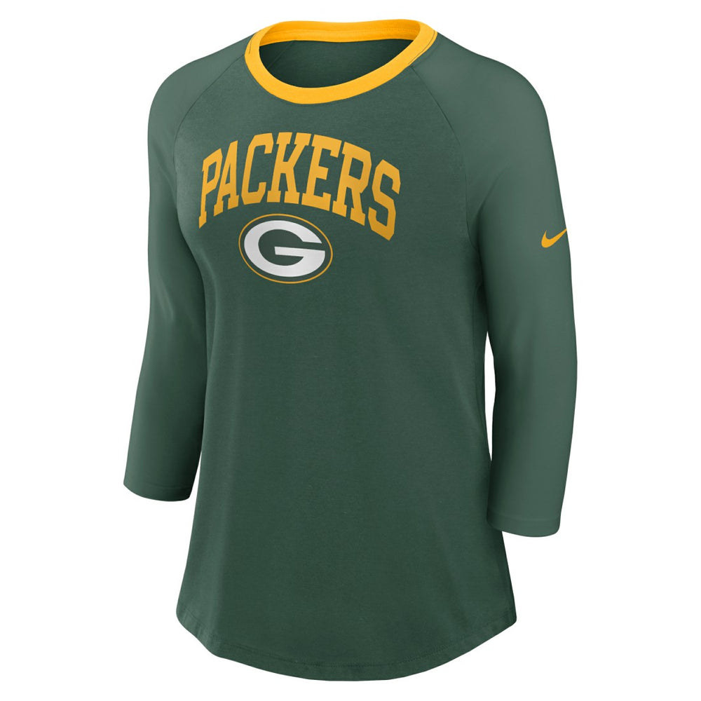 Green Bay Packers Women's 3/4 Sleeve Raglan Fashion Top - Green Tops