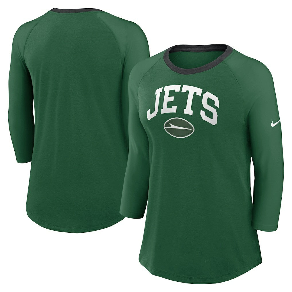 New York Jets Women's 3/4 Sleeve Raglan Fashion Top - Green Tops