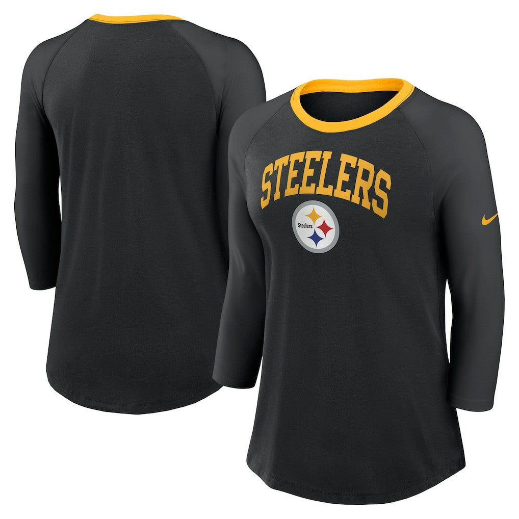 Pittsburgh Steelers Women's 3/4 Sleeve Raglan Fashion Top - Black Tops