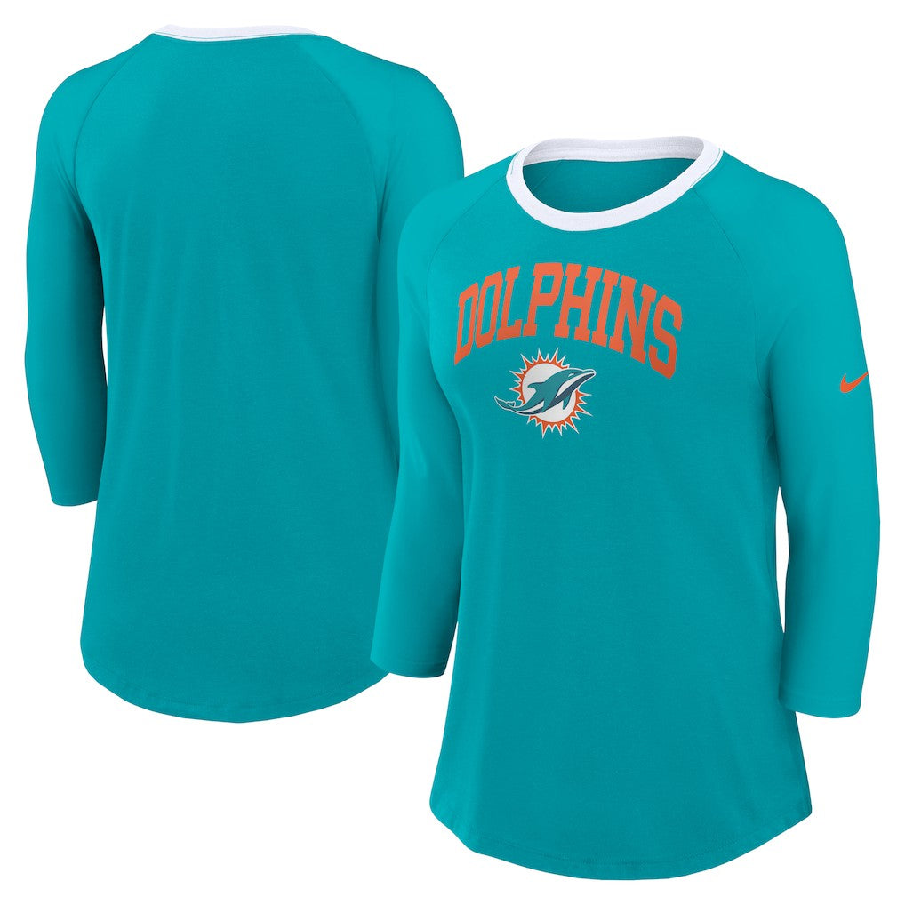 Miami Dolphins Women's 3/4 Sleeve Raglan Fashion Top - Aqua Tops