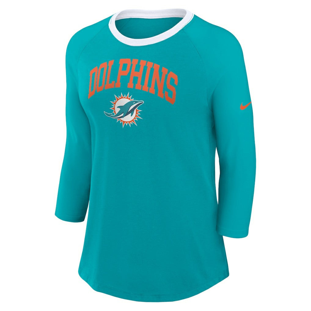 Miami Dolphins Women's 3/4 Sleeve Raglan Fashion Top - Aqua Tops