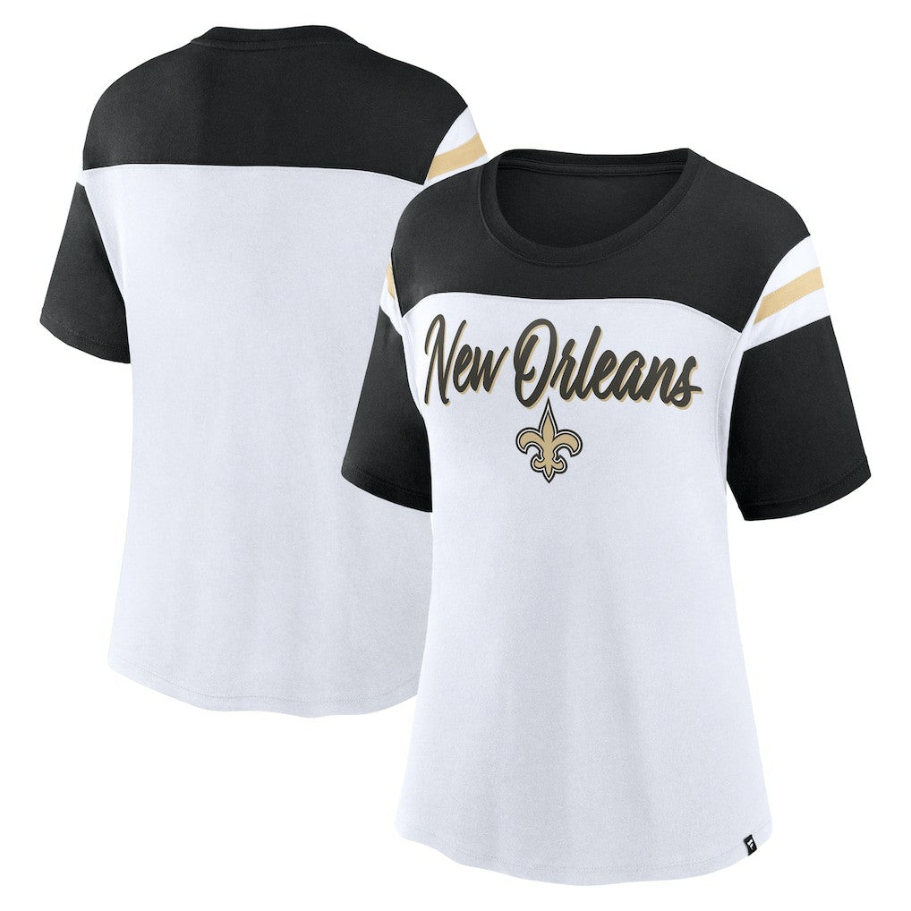 New Orleans Saints Women's Cheer Chant Fashion Crop Top - White/Black Tops